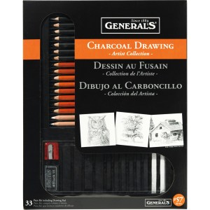 The General's® Charcoal Drawing Set - Artist Collection comes in a black box with charcoal pencils, sticks, eraser, sharpener, and sample sketches of an owl, woman, and house displayed on the front.