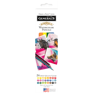 A package of General's® Kimberly® Watercolor Pencils featuring 24 artist quality colors. The packaging showcases artwork of a zebra, a fix, a bird, and colorful geometric shapes. The pencils are indicated to be premium quality with sustained yield incense cedar wood.