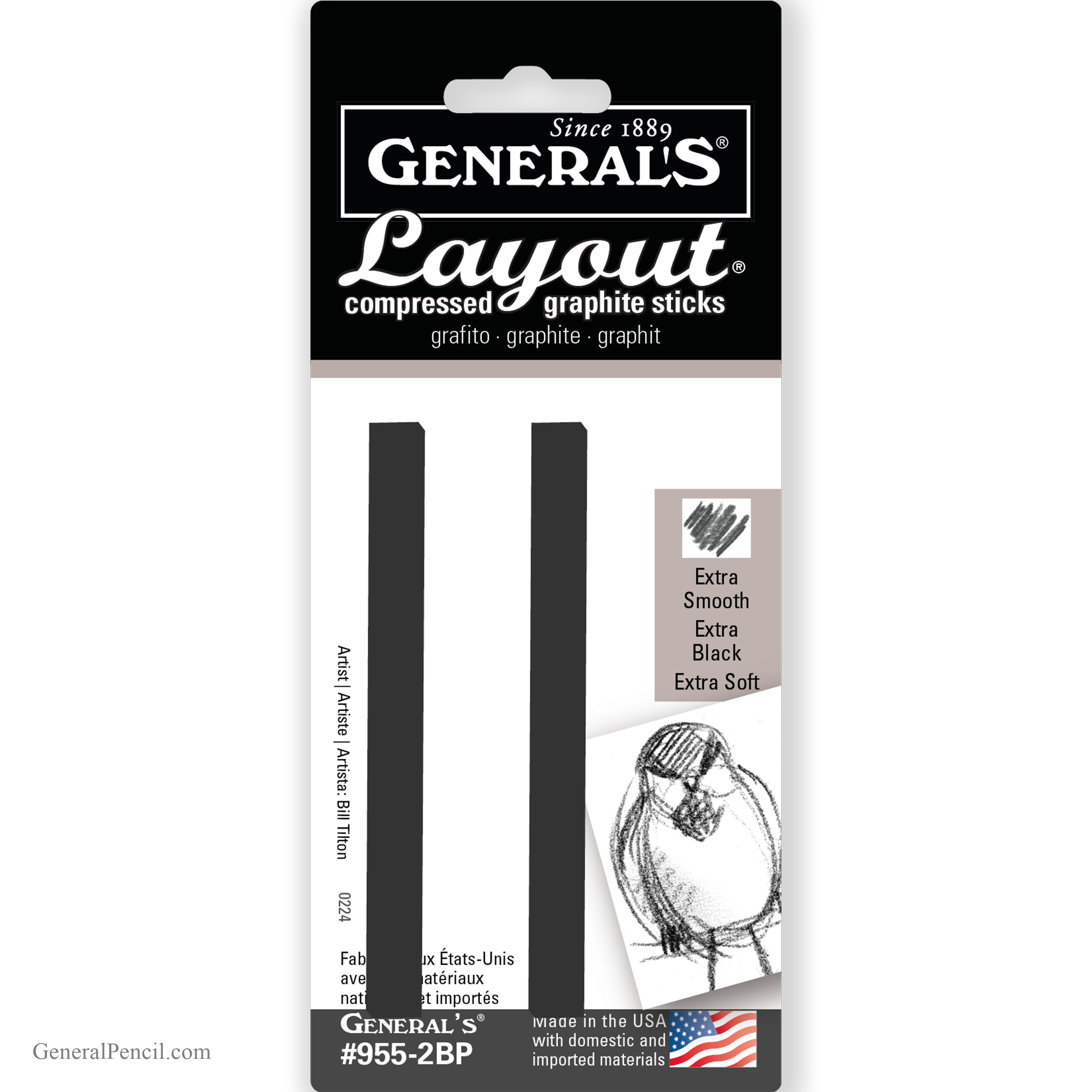 Packaging of General's® Layout® compressed graphite sticks. The pack contains two extra soft, extra smooth, extra black square sticks. The packaging is black and white with illustrations of birds and text details, including "Since 1889" at the top.