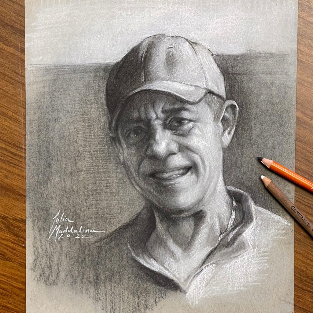 Charcoal pencil portrait using General's® Charcoal and Charcoal White® Pencils of Oscar. Portrait by artist Julia Maddalina.