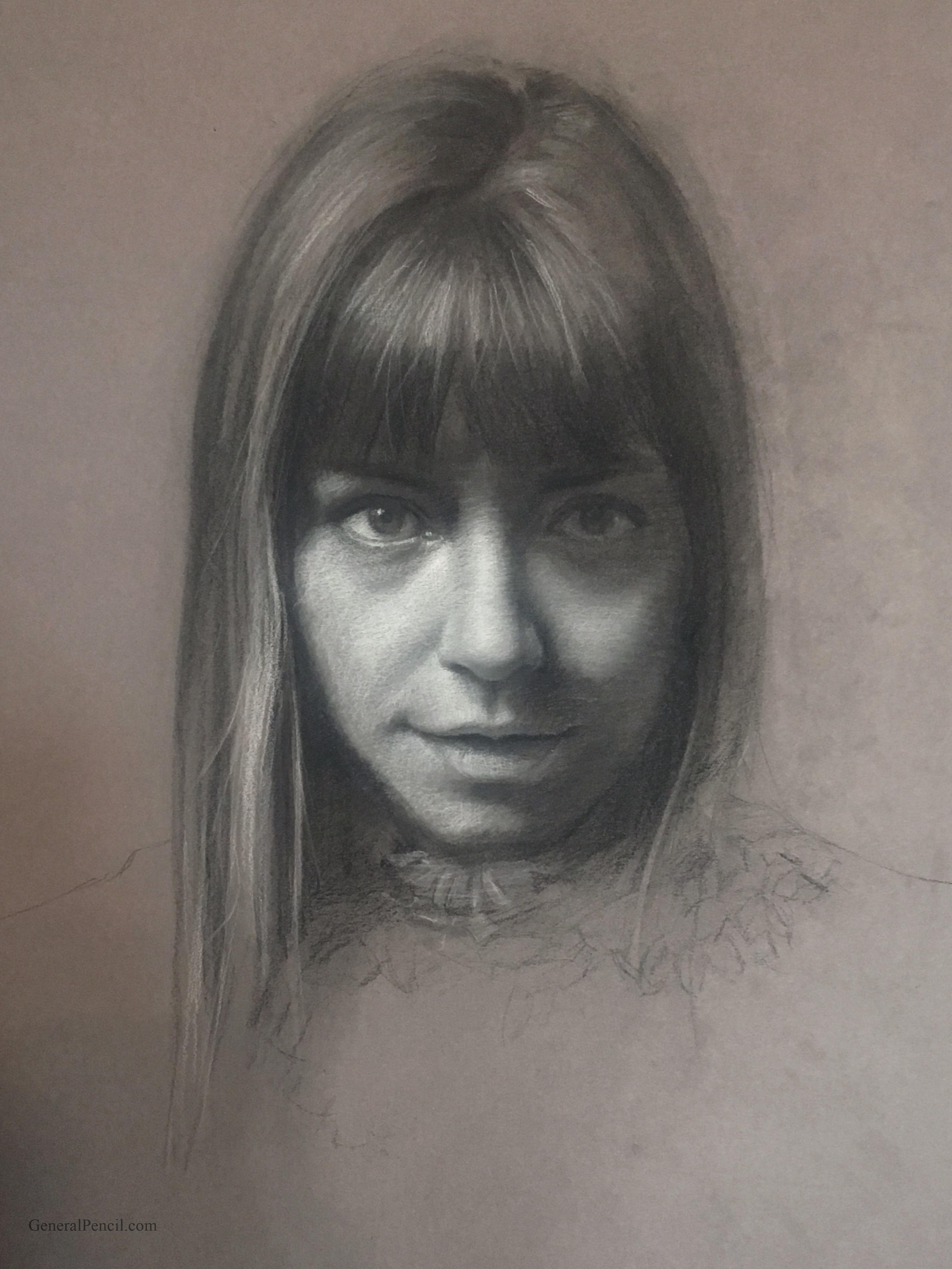A black-and-white pencil sketch of a woman with straight hair and bangs. She has a neutral expression and is looking directly at the viewer. The sketch is detailed around her face while her shoulders and upper body are less defined. Artist Shana Levenson.
