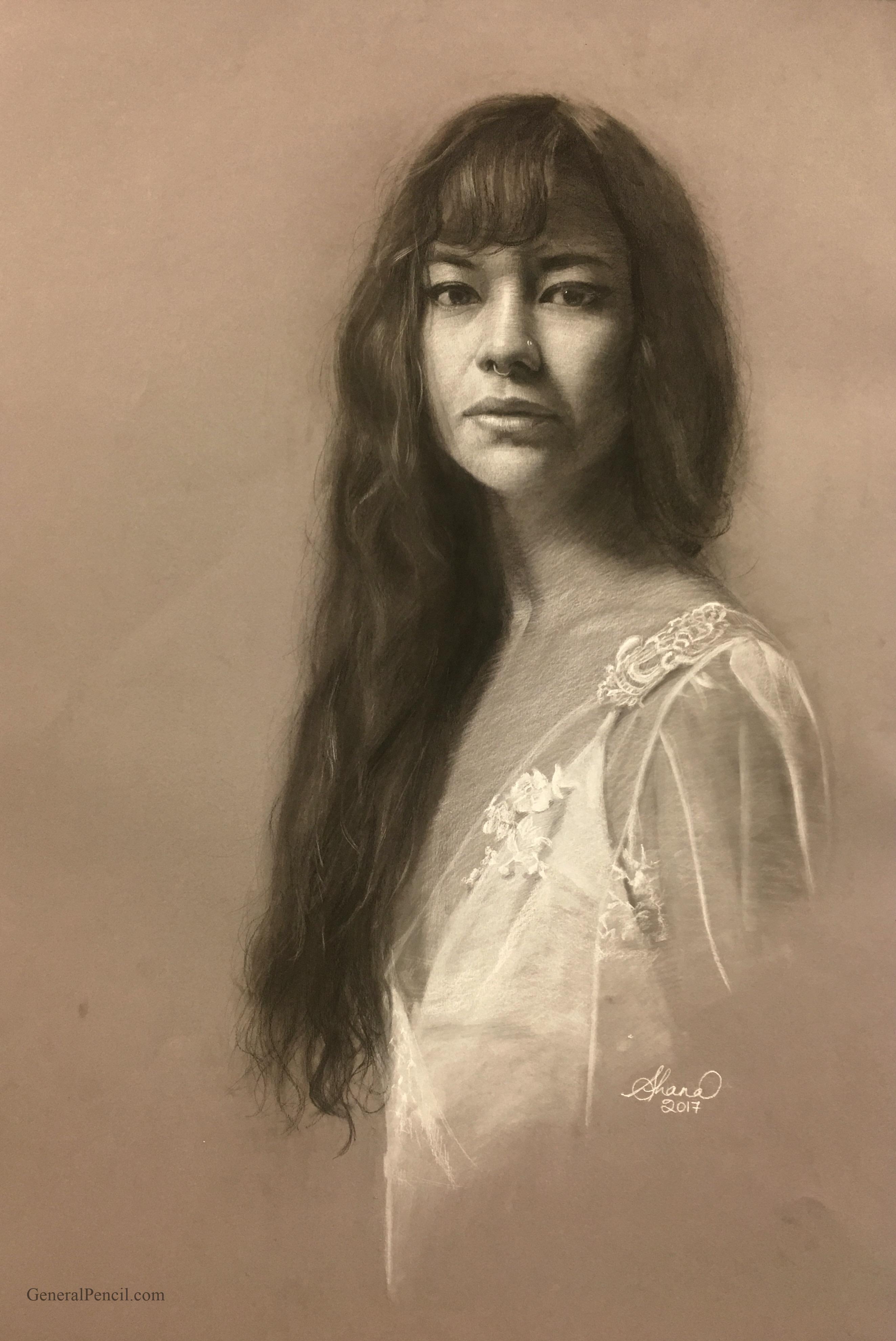 Charcoal and white pencil drawing of a young woman with long hair and bangs, gazing softly at the viewer. She is wearing a light-colored blouse with embroidered details. The artwork is signed and dated "2017" by the artist, Shana Levenson.