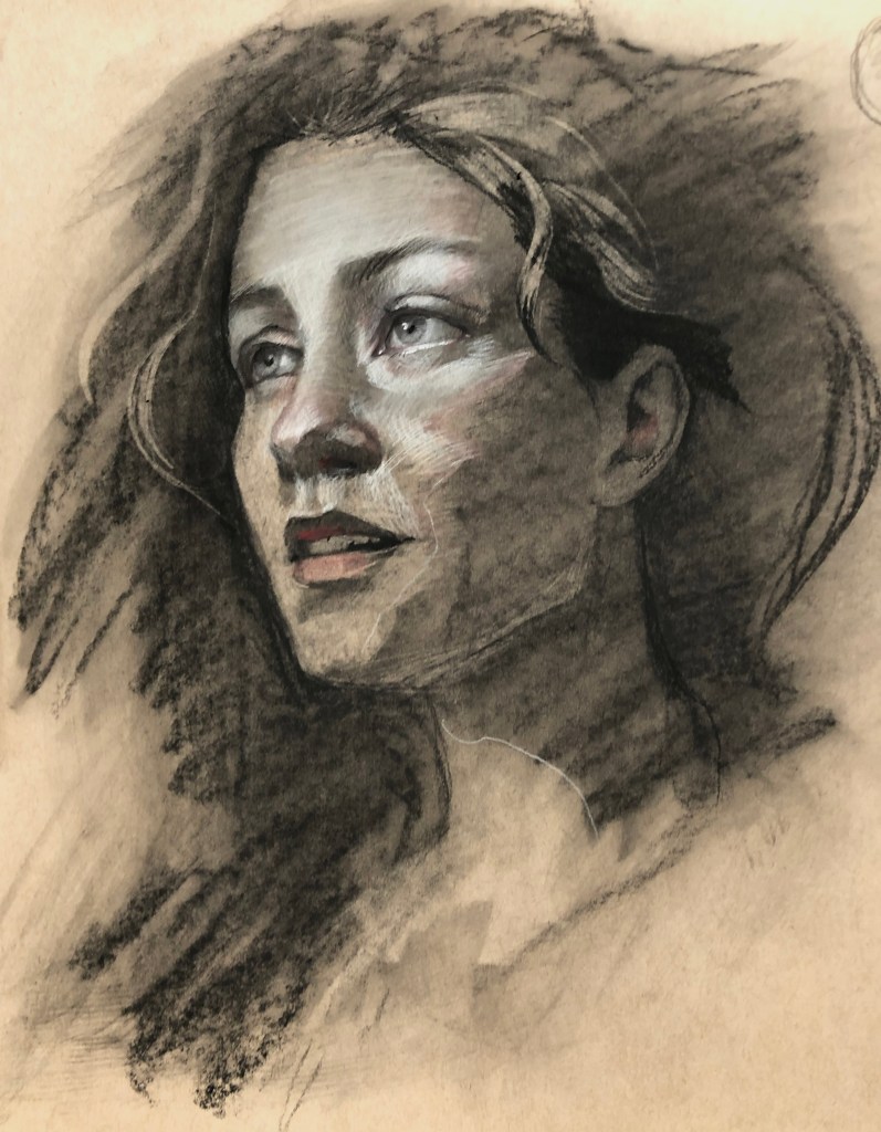 A detailed charcoal and pastel drawing of a woman with wavy hair. Her expression appears thoughtful, with light highlighting her facial features. The background is a soft gradient, enhancing the focus on her face. Artist Julia Maddalina.