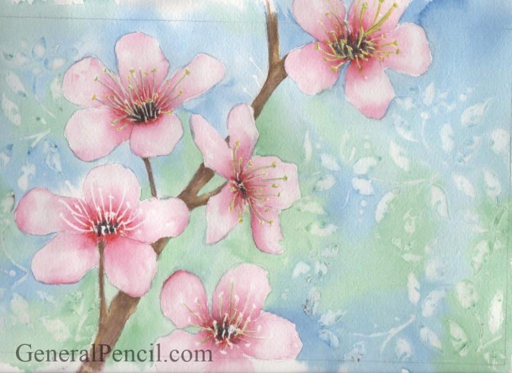 A watercolor painting of pink cherry blossoms on a brown branch against a soft blue and green background. The flowers have delicate petals and prominent yellow stamen. The background includes white floral patterns. Artist Kathi Hanson.