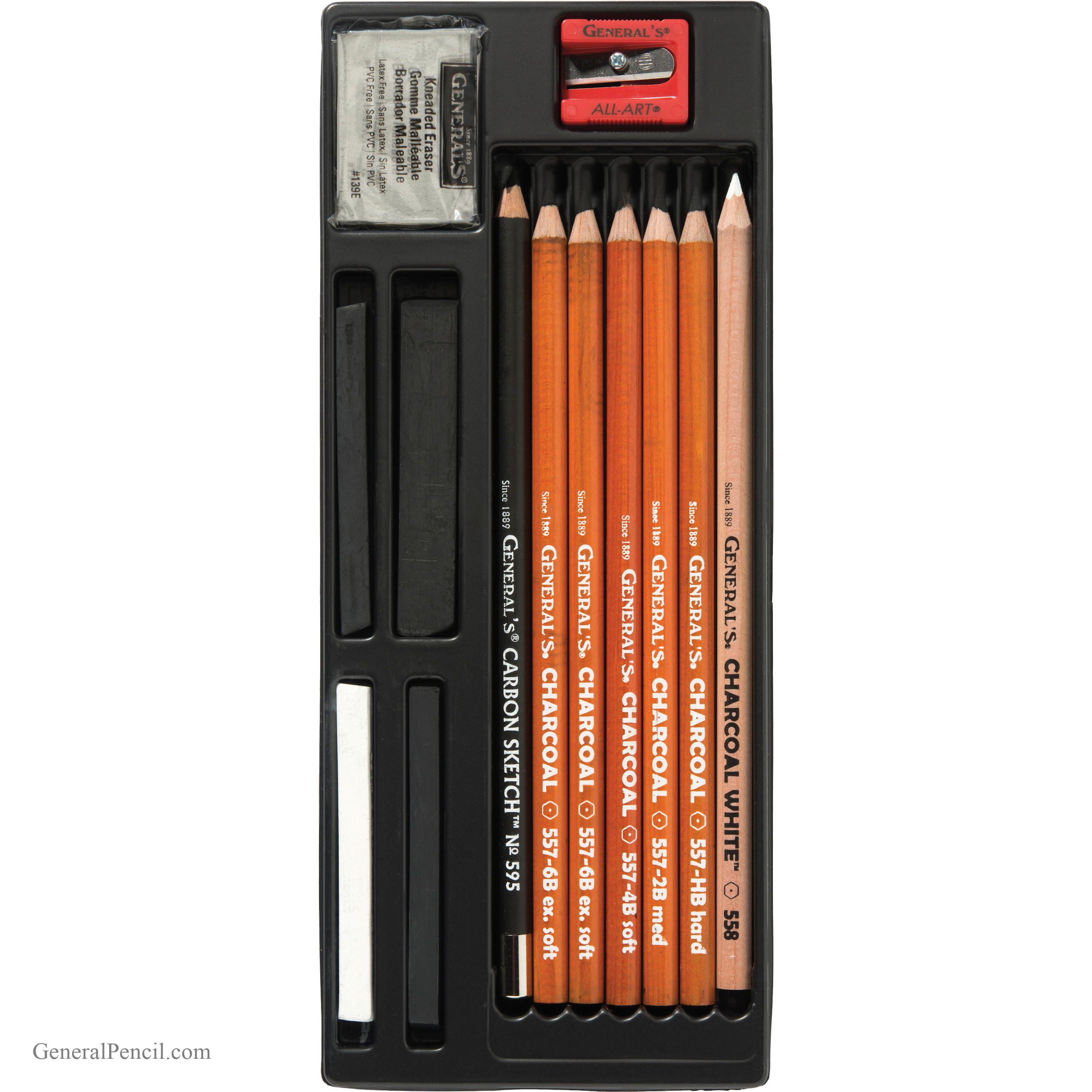 A charcoal drawing set featuring six charcoal pencils in varying hardness, an eraser, a sharpener, and a white charcoal stick, all neatly arranged in a black tray.