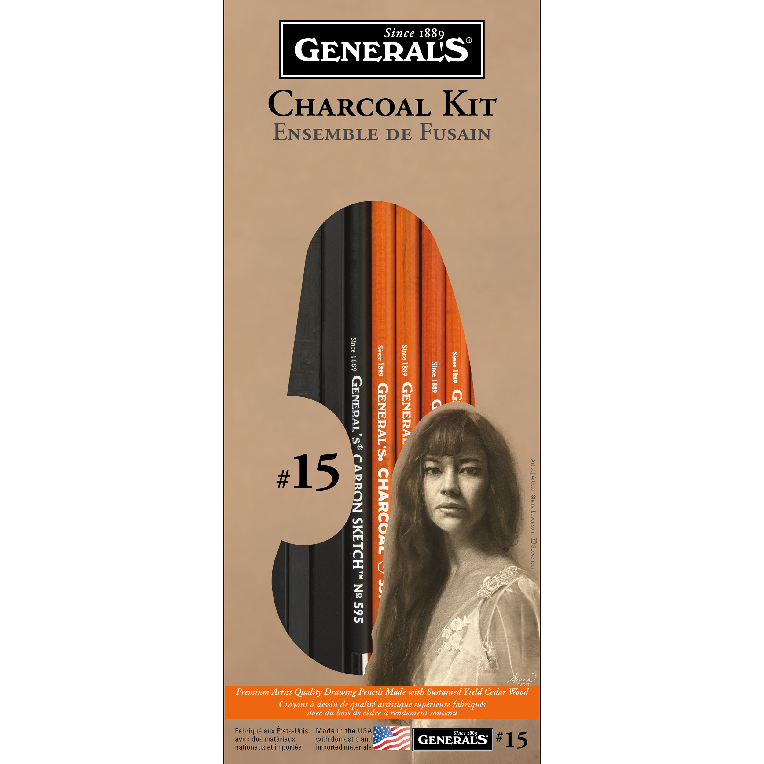 A package of General's Charcoal Kit featuring a selection of charcoal pencils and sticks. The label displays "#15" and an image of a woman in sepia tones. The text highlights the quality and range of drawing materials included.