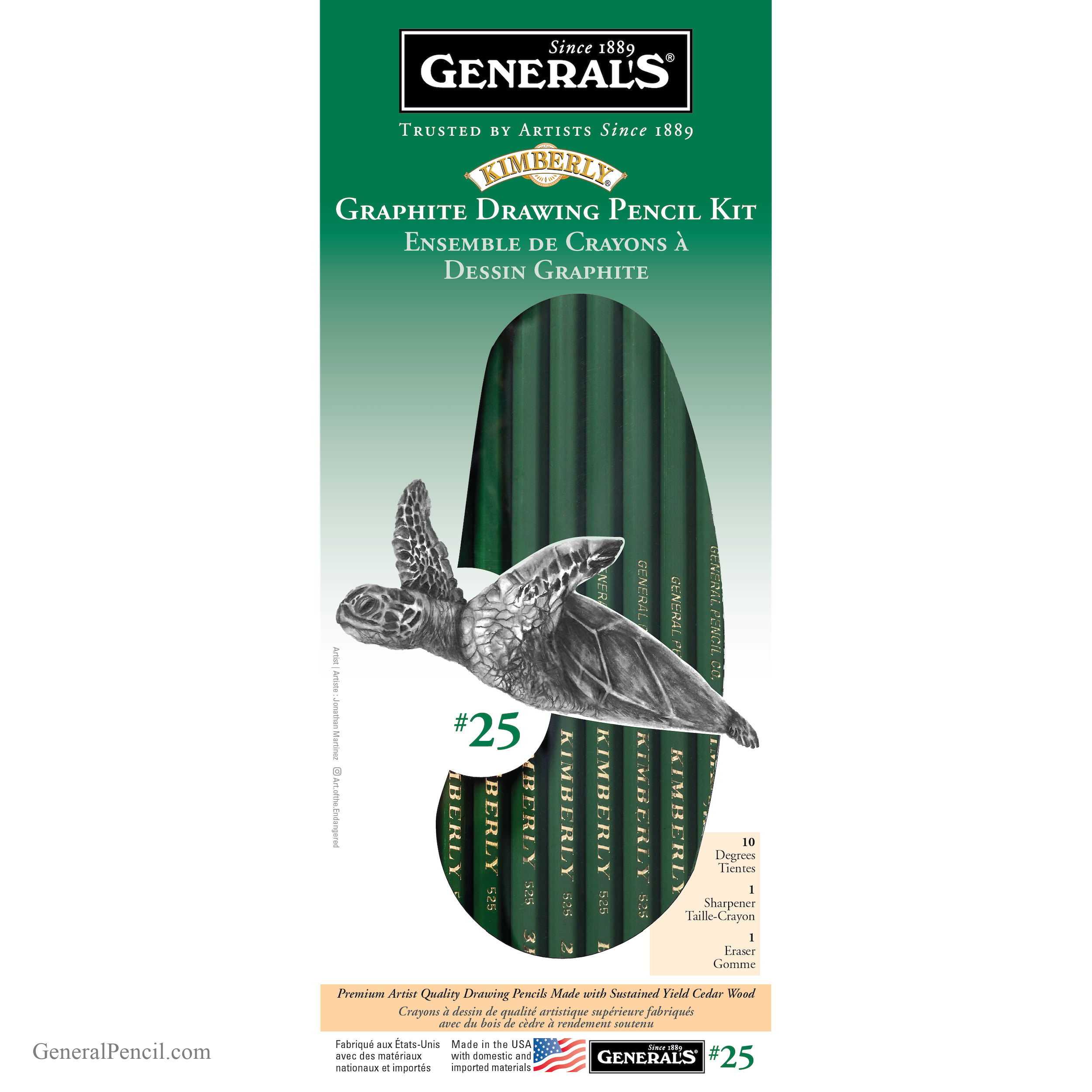 A set of General's Kimberly graphite drawing pencils is shown in a package featuring ten pencils of varying shades. The packaging includes an illustration of a sea turtle.