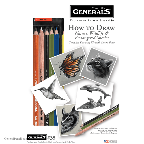 A drawing kit package that includes colored pencils and sketches of animals such as a butterfly, wolf, horse, and hummingbird. The text says "<b>PRE-ORDER</B> How to Draw Nature, Wildlife & Endangered Species," complete with a lesson book.