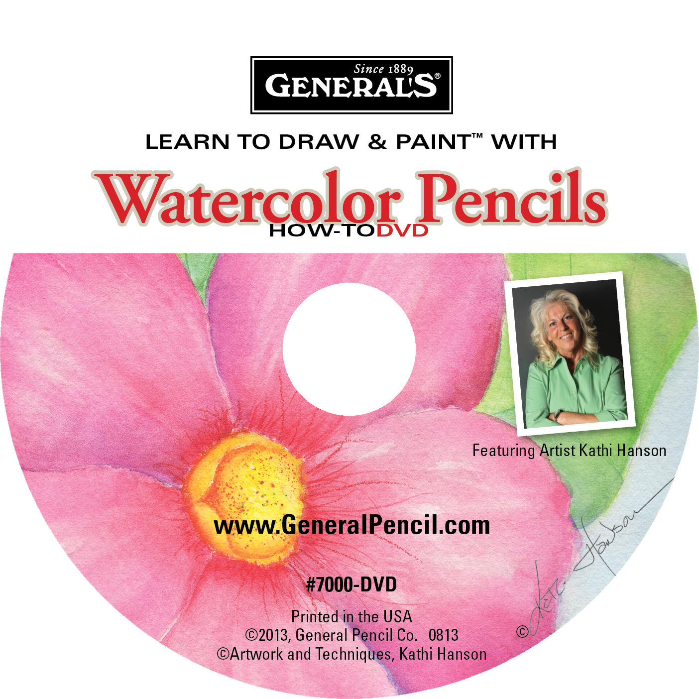 A DVD cover titled "Learn to Draw & Paint with Watercolor Pencils" by General's. It features a large pink flower and a photo of a person on the right. The website address is displayed at the bottom.