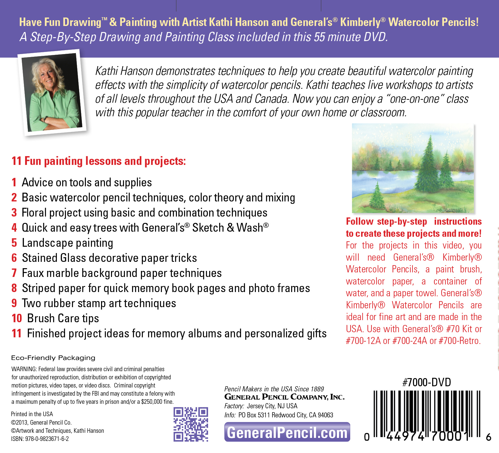 DVD cover features instructions for watercolor projects with artist Kathi Hanson, using General’s watercolor pencils. Includes a list of 11 fun projects like landscape painting and memory books. Packaging is eco-friendly.