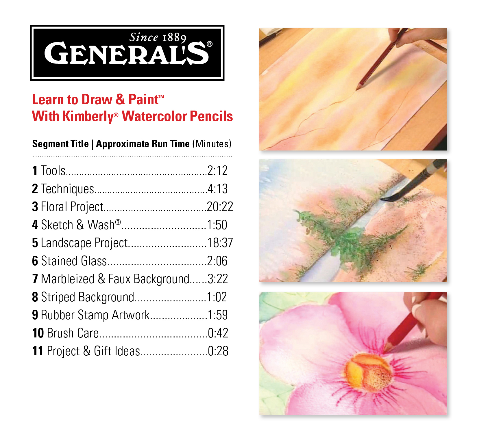General's art supplies advertisement featuring watercolor techniques. The image includes a list of art tutorials with run times and three artistic images: a watercolor landscape, a flower, and painting techniques using pencils.