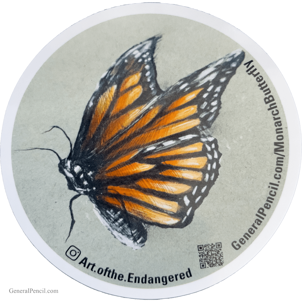 Illustration of a monarch butterfly with detailed orange and black wings on a circular background. Text around the edge reads "Art.ofthe.Endangered" and includes a URL and QR code.