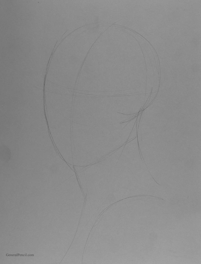 A sketch of a human head and neck outline on gray paper. The drawing features light pencil lines marking the general shape and alignment of the head, with emphasis on the central guidelines for facial features.