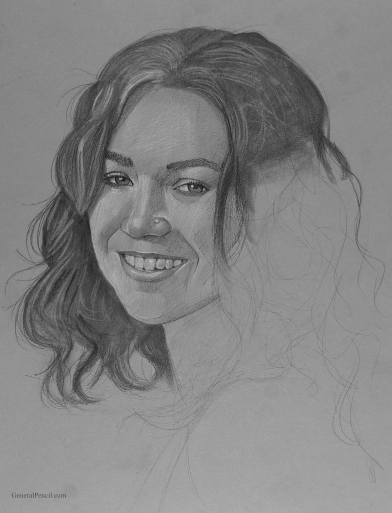Pencil sketch of a smiling woman with wavy hair. The drawing is detailed on the left side of her face, gradually becoming more abstract on the right side.