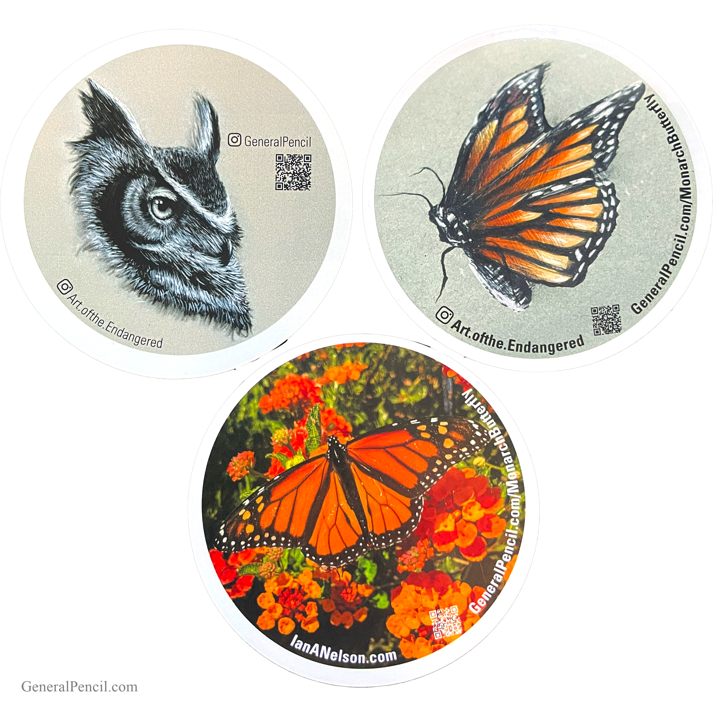 The Wildlife Sticker Pack includes three round stickers: an owl sketch with piercing eyes, a monarch butterfly on gray, and a monarch butterfly amidst red and orange flowers. Each features QR codes and artist credits.