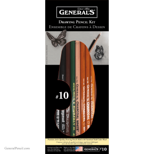 The image shows a General's Drawing Pencil Kit #10, featuring various colored pencils displayed in a curved arrangement. Two butterfly sketches are shown above, with the General's logo and product details at the top and bottom.