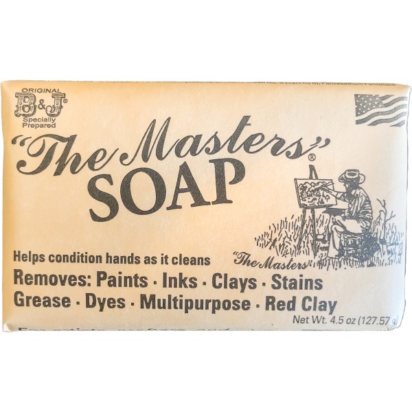 Beige rectangular packaging of "The Masters"® Soap showcases brown text alongside an illustration of a painter. It advertises its ability to clean and condition hands while effectively removing paints, inks, clays, and more, with a net weight of 4.5 oz (127.57 g).