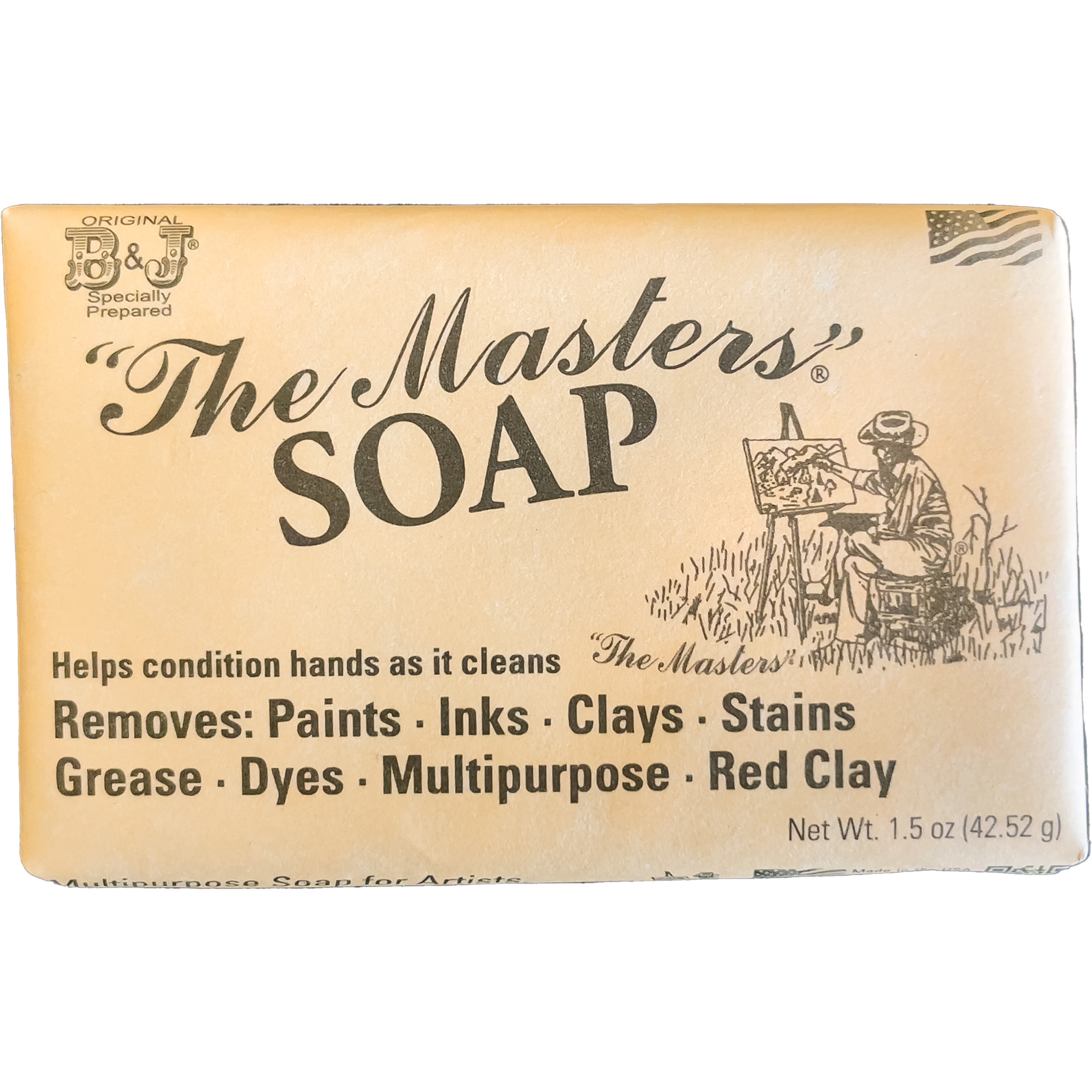 Bar of "The Masters"® Soap, featuring beige packaging with a vintage design. The text describes its effectiveness for cleaning away paint, ink, stains, dyes, clays, grime, red clay, and grease. Illustrations depict an artist painting outdoors. Made in the USA.