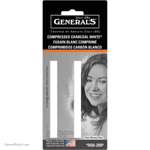 Compressed Charcoal White® Sticks, Blistercarded includes a pack of two compressed white charcoal sticks. Packaging features English, French, and Spanish text with a black-and-white drawing of a smiling woman and an American flag emblem at the bottom.