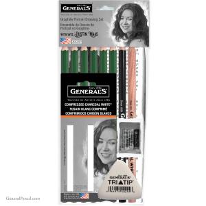 The Graphite Portrait Drawing Set with Justin Maas includes pencils, a charcoal stick, and an eraser. The package displays a woman's portrait with long hair by Justin Maas.