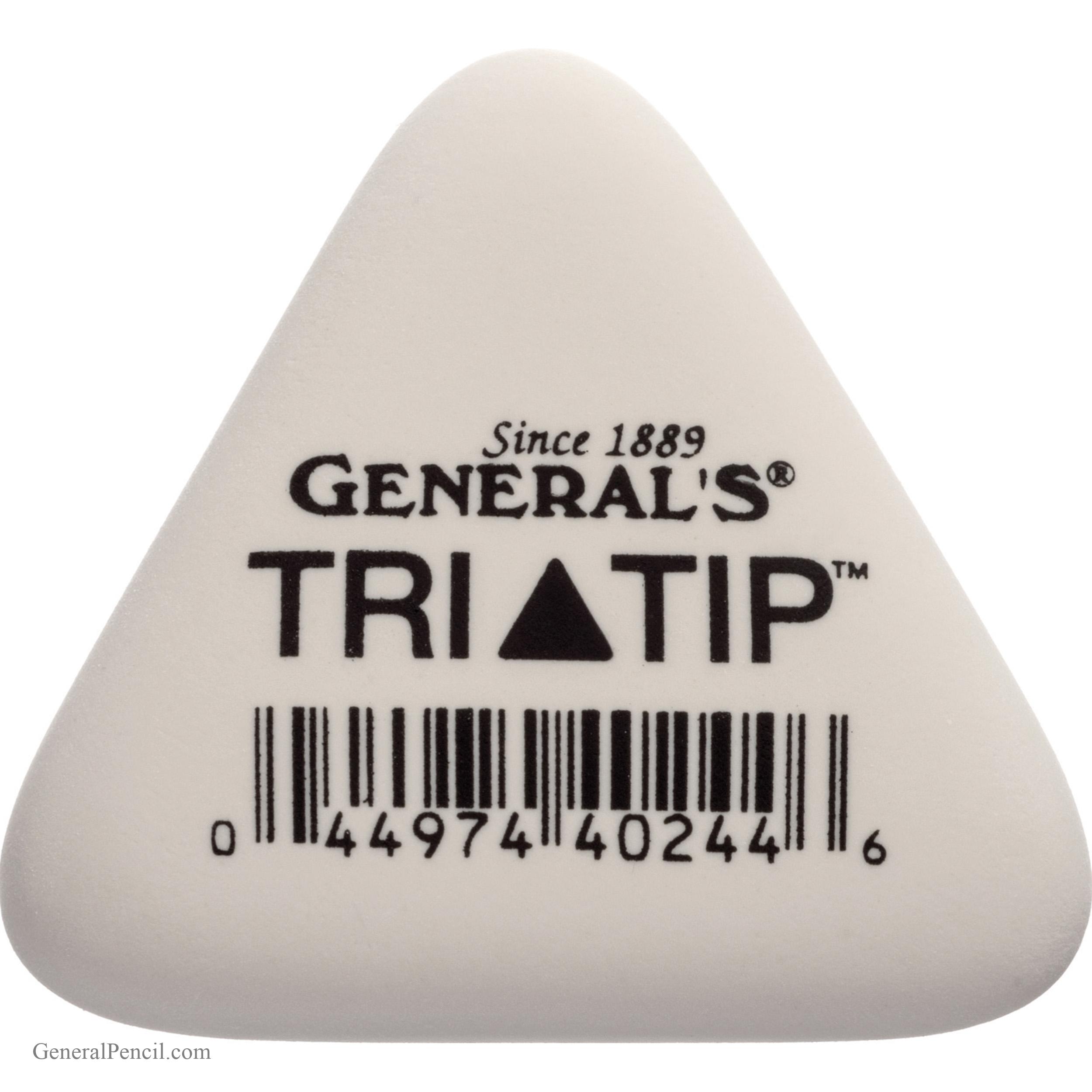 Triangular white eraser with "GENERAL'S TRI▲TIP" printed on top, along with "Since 1889." There is a barcode at the bottom.