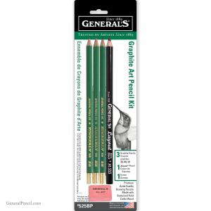 Package of General’s Graphite Art Pencils Kit, showing four green pencils of varying hardness (2B, HB, 2H, 4H) and one kneaded eraser in a clear plastic blister pack.