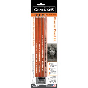 The Charcoal Pencil Set includes 3 charcoal pencils (soft, medium, hard), 1 white charcoal pencil, and an eraser. The packaging displays a charcoal portrait drawing along with product details.