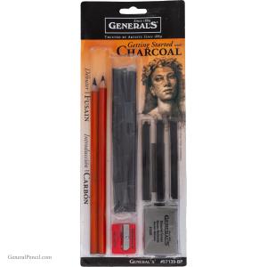 A General’s “Getting Started with Charcoal” art set in packaging, featuring charcoal sticks, a charcoal pencil, kneaded eraser, sharpener, and blending stick, with an illustrated portrait on the front.
