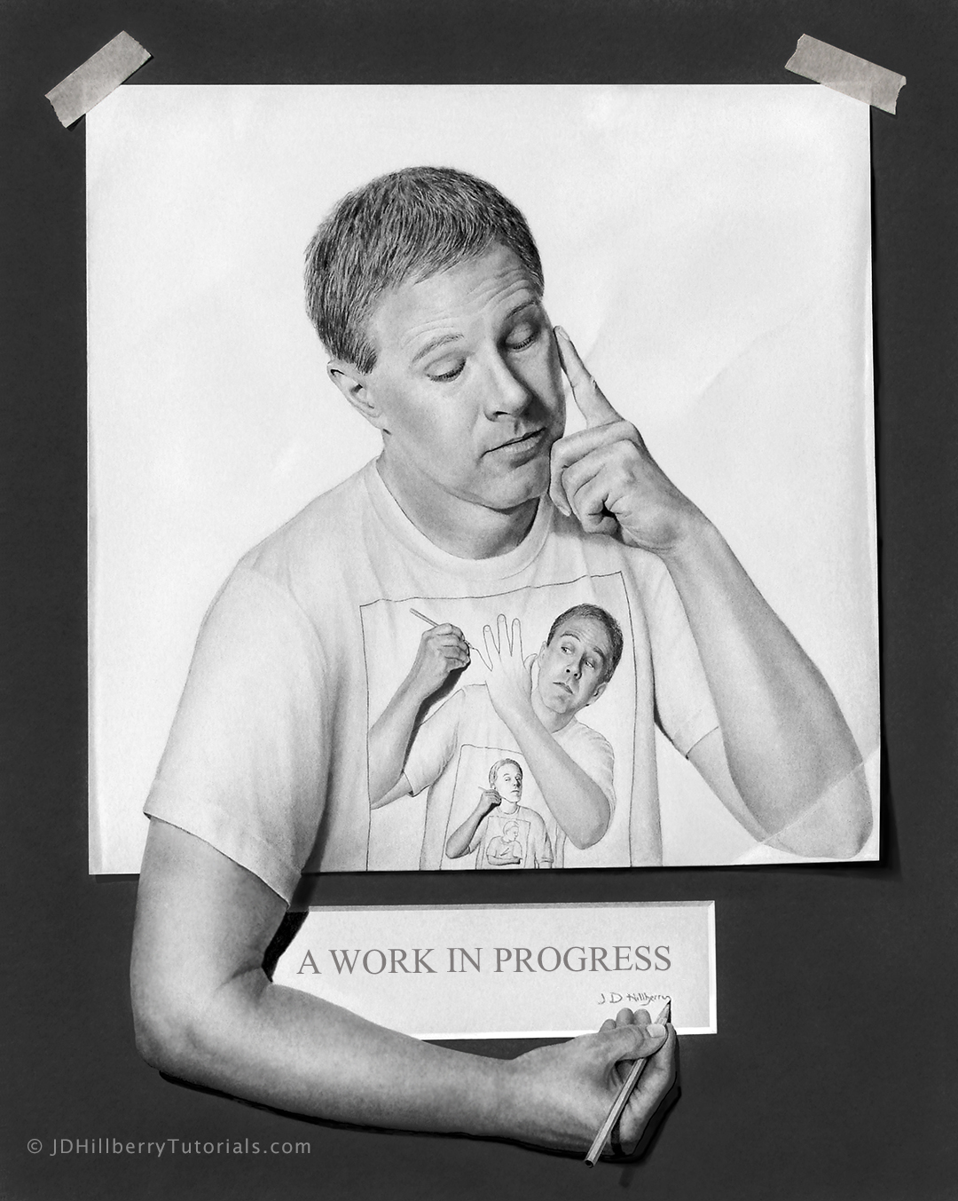 A realistic pencil drawing of a man touching his face, appearing to emerge from the paper, holding a sign that reads "A WORK IN PROGRESS" and drawing a smaller version of himself in an infinite recursion.