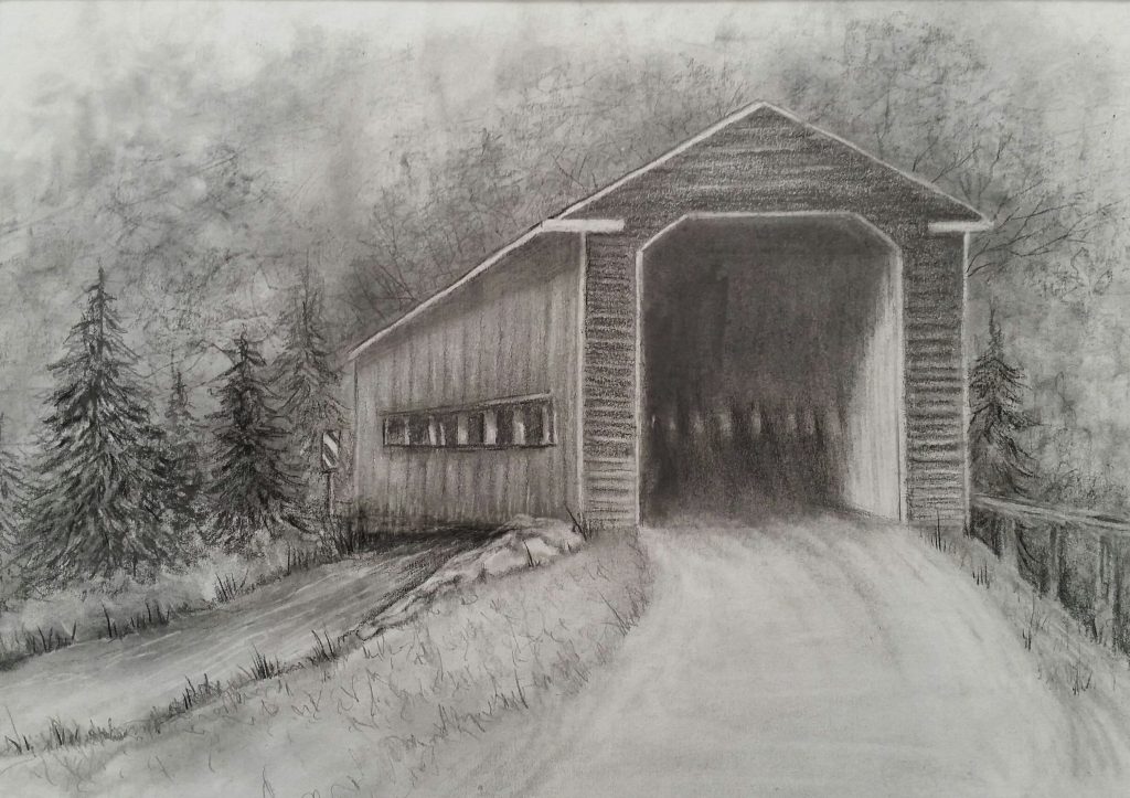 A pencil sketch depicts a covered wooden bridge over a rural road, surrounded by trees and grassy terrain, with a forested background and a slightly cloudy sky.