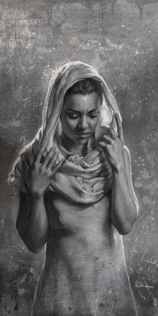 A grayscale painting of a woman standing with her head slightly bowed, wearing a scarf draped over her head and shoulders. She gently holds the scarf with both hands, her expression calm and introspective.