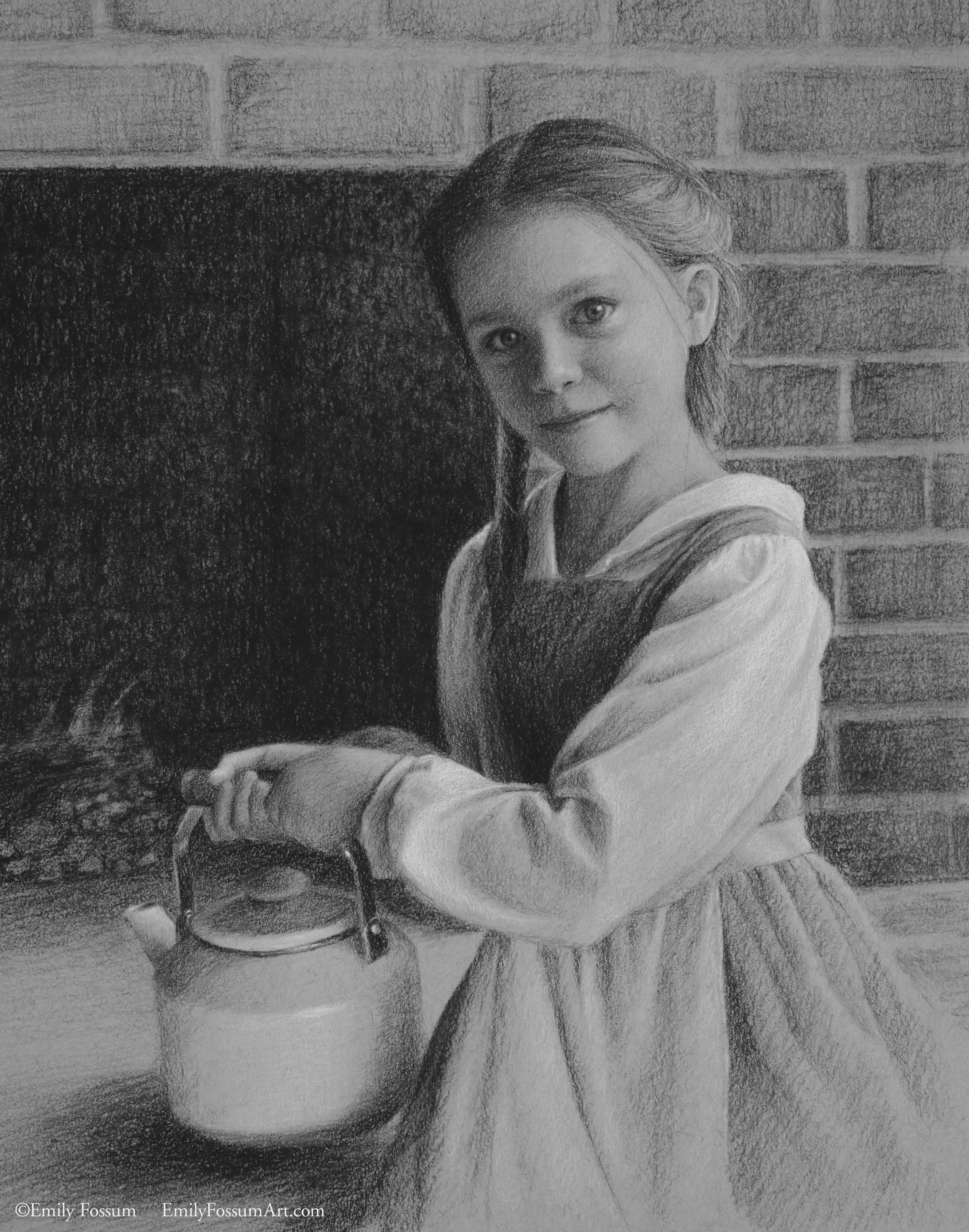 A young girl in old-fashioned clothing stands in front of a brick fireplace, holding a teapot with both hands and gazing softly at the viewer. The image is rendered in black and white.