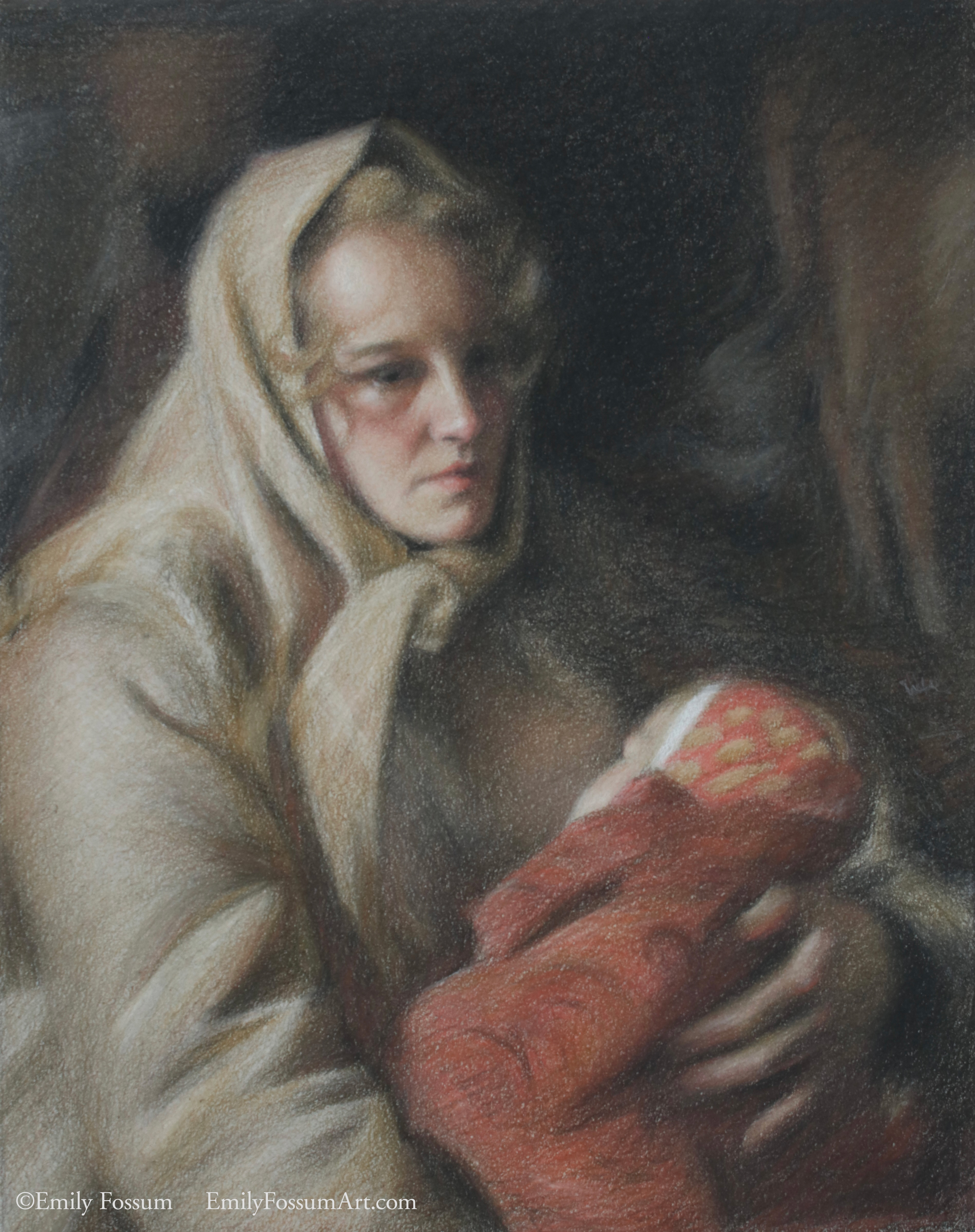 A woman in a beige shawl cradles a baby wrapped in a reddish blanket. The scene is softly lit, highlighting her somber expression as she gazes into the distance, conveying a sense of quiet contemplation.
