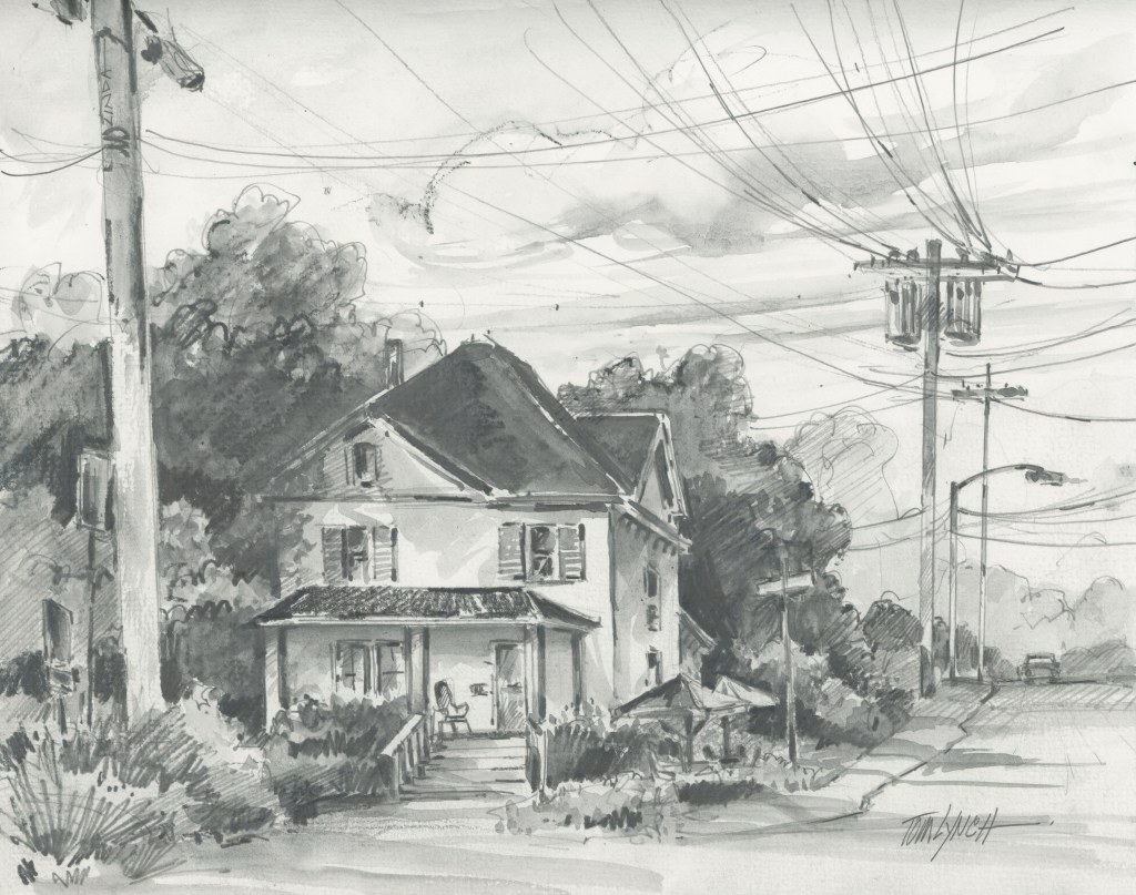 A black-and-white sketch of a house with a front porch, surrounded by trees, near a sidewalk and utility poles with multiple power lines. The sky appears cloudy and the street extends into the background.