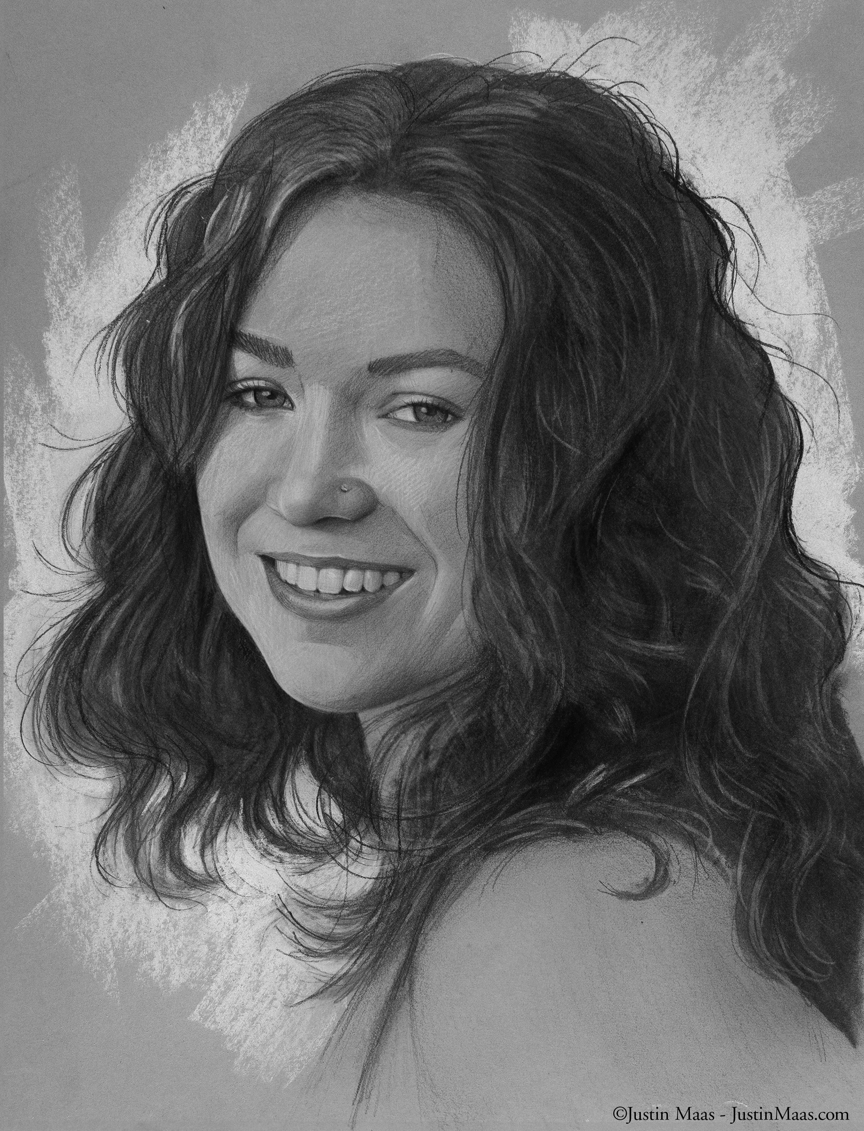 A realistic pencil drawing of a smiling young woman with wavy dark hair, visible nose piercing, and soft shadows on her face, set against a textured gray and white background.