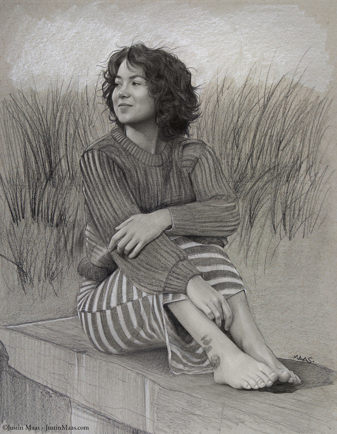 A woman with curly hair sits on a wooden surface, barefoot, wearing a striped skirt and textured sweater. She appears relaxed, with grass in the background and a peaceful expression on her face. The image is a detailed pencil drawing.