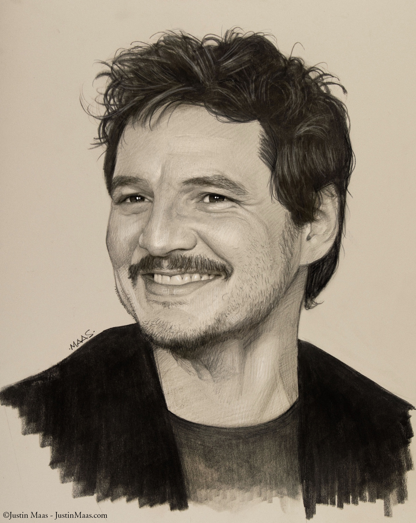 A realistic pencil portrait drawing of a smiling man with wavy hair and a short beard, wearing a dark shirt and jacket, set against a plain background.