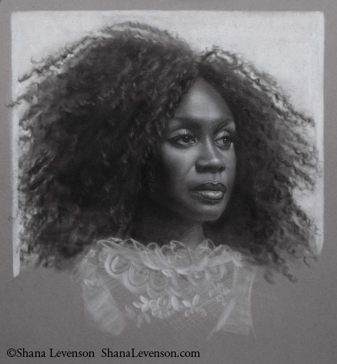 Black and white portrait drawing of a woman with voluminous curly hair, wearing a lace-patterned garment, looking slightly to the side with a calm, serious expression. Artwork by Shana Levenson.