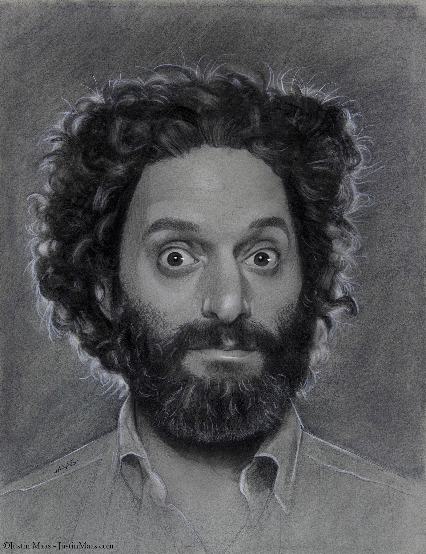 A realistic pencil portrait of a man with curly hair, wide eyes, and a full beard, wearing a collared shirt, against a softly shaded background. The expression on his face appears surprised or playful.