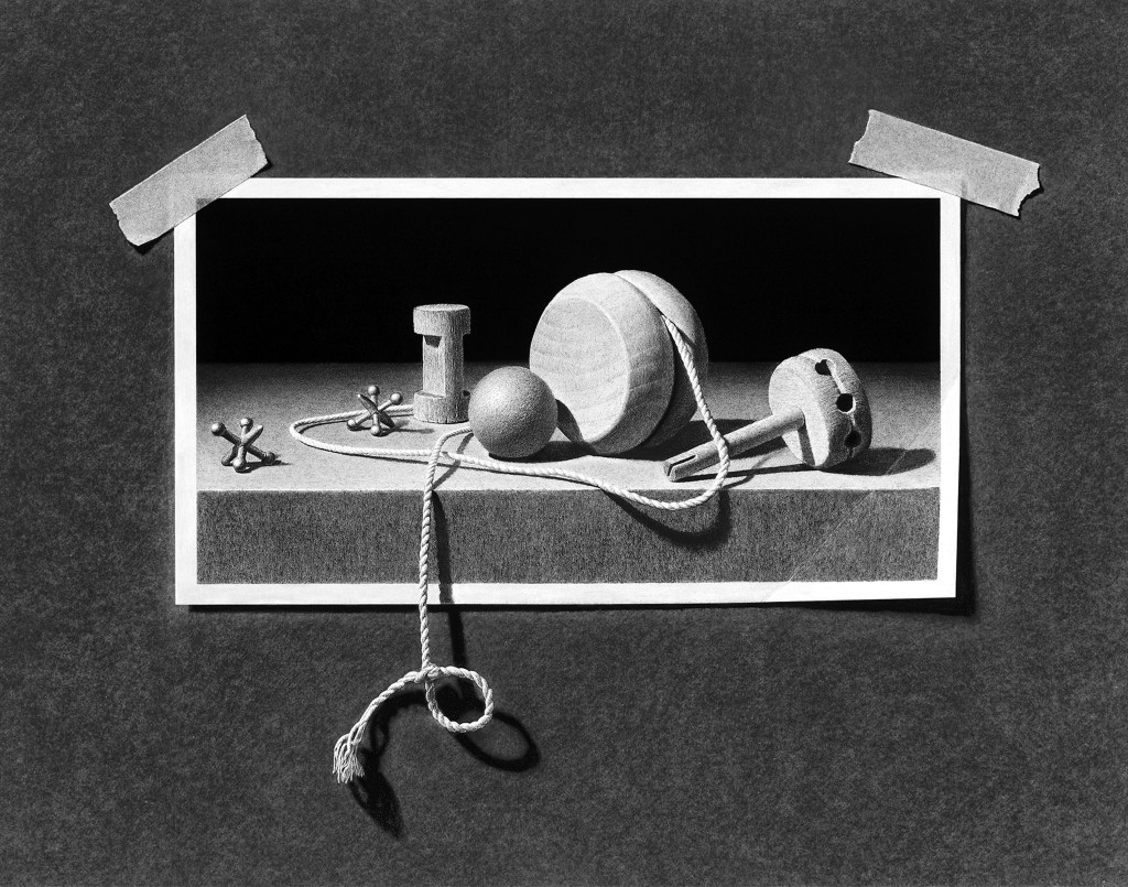 A realistic pencil drawing of vintage toys, including a yo-yo, jacks, ball, and string, appears taped to a dark background with paper tape at the top corners, creating a 3D effect.
