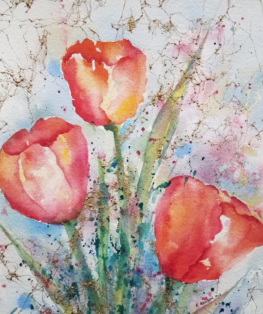 Watercolor painting of three red and orange tulips with green stems, set against a light background with splashes of blue, pink, and gold, creating a vibrant and delicate effect.