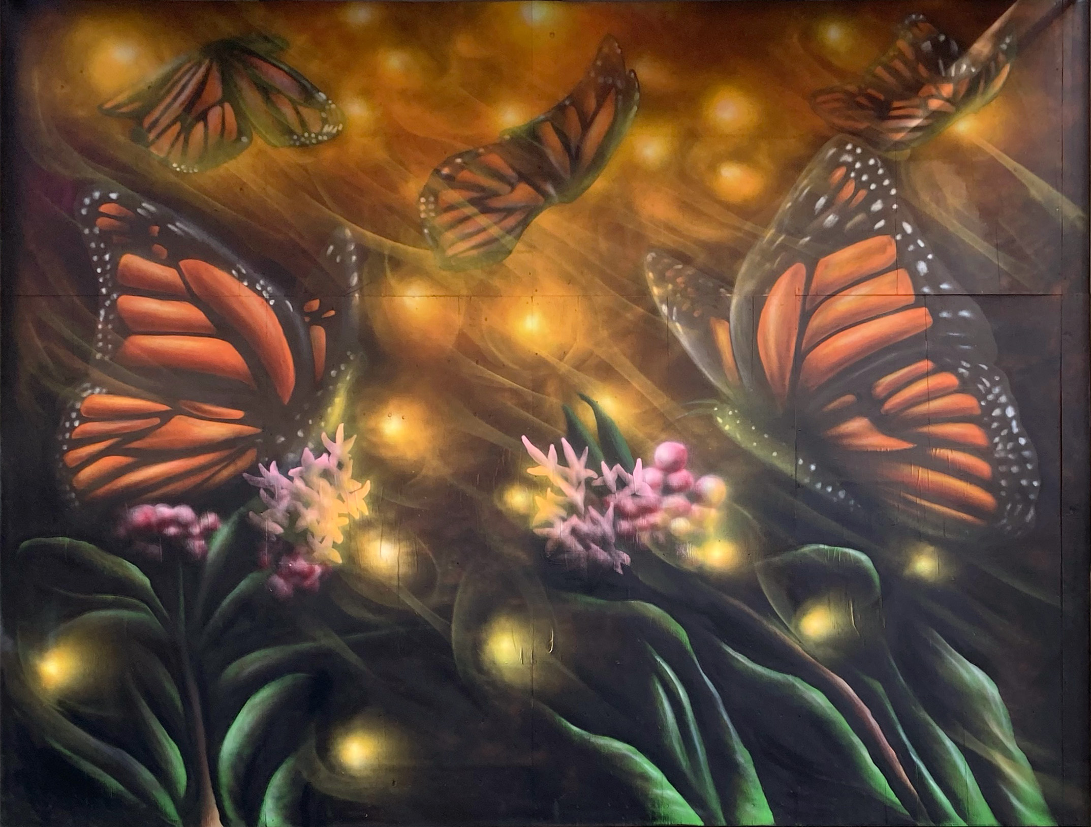 Several monarch butterflies with orange and black wings fly among glowing yellow fireflies above pink wildflowers, set against a dark, dreamy background with swirling golden light.