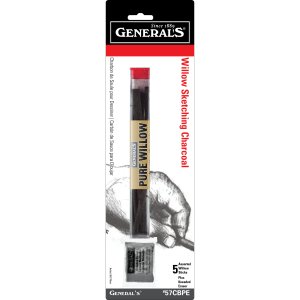 A package of General’s Willow Sketching Charcoal with five assorted sticks. The packaging features an illustration of a hand drawing and text indicating pure willow charcoal for sketching.