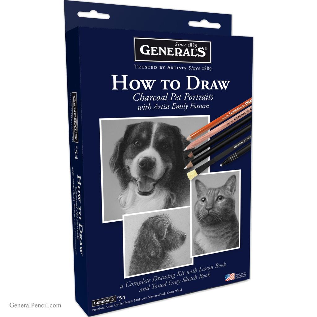 A blue art kit box labeled “How to Draw Charcoal Pet Portraits with Artist Emily Fossum” features a dog, a cat, and drawing pencils on the front, along with pet portrait examples and charcoal pencils.