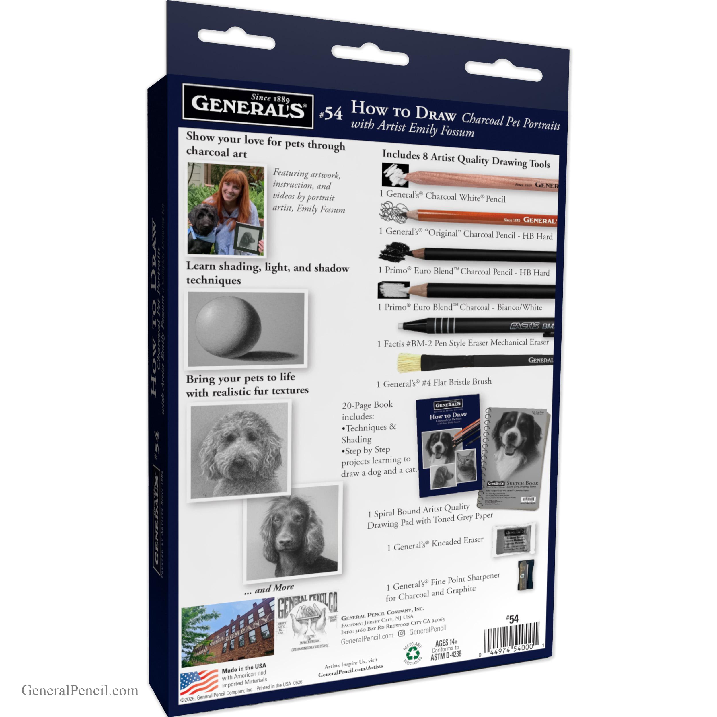 Back of the “How to Draw Charcoal Pet Portraits with Artist Emily Fossum” box, featuring drawing tools, sample pet portraits, instructional images, and a list of included supplies, alongside text explaining techniques for creating charcoal pet portraits.