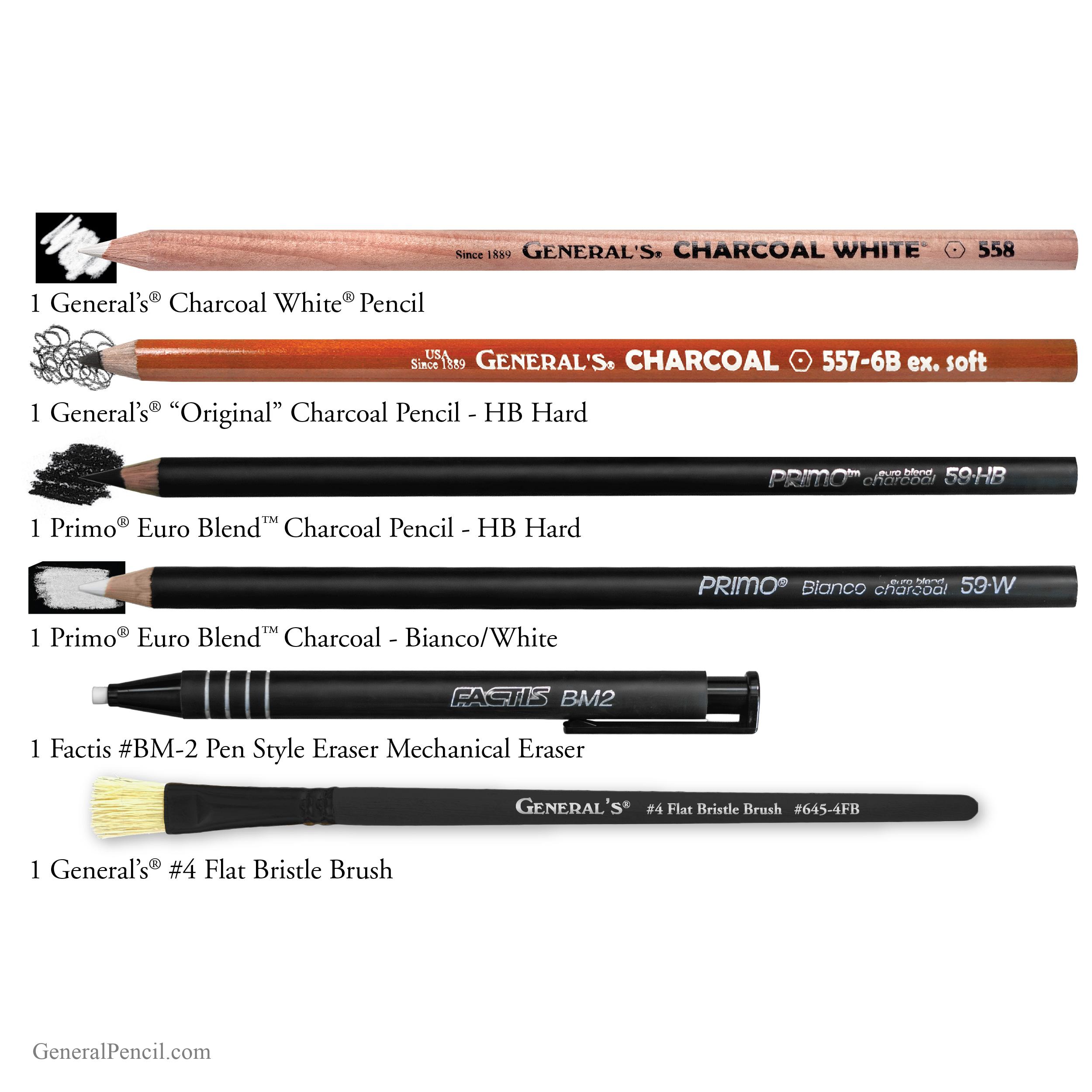 Art supplies for drawing, including pencils, erasers, a brush, a sketchbook, and the book *How to Draw Charcoal Pet Portraits with Artist Emily Fossum*, are neatly arranged on a white background with labels next to each item.