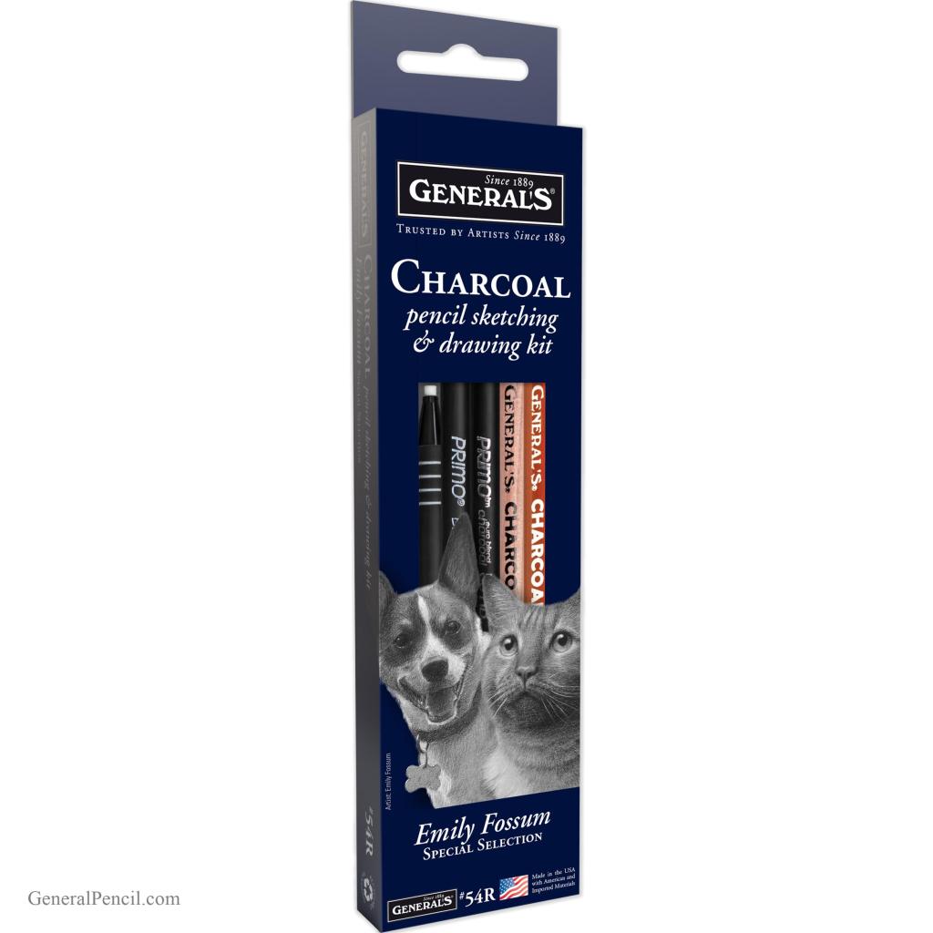 A box of “How to Draw Charcoal Pet Portraits with Artist Emily Fossum” sketching and drawing kit, featuring images of a dog and a cat on the packaging, along with visible pencils inside the box.