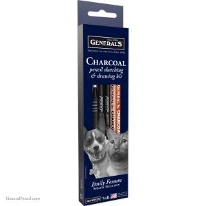 A box of “How to Draw Charcoal Pet Portraits with Artist Emily Fossum” sketching and drawing kit, featuring images of a dog and a cat on the packaging, along with visible pencils inside the box.